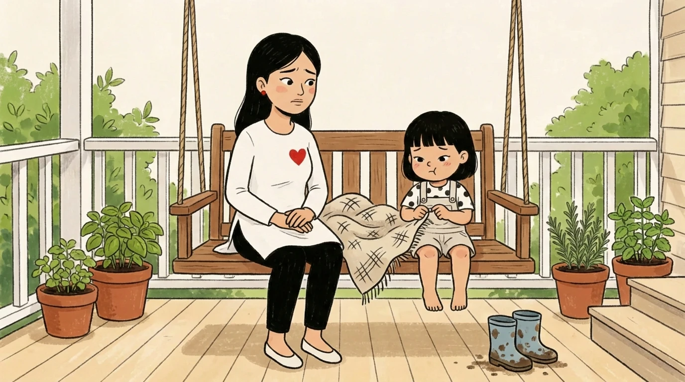 Mother and child sitting on a porch swing with a blanket between them reflecting a calm relationship moment