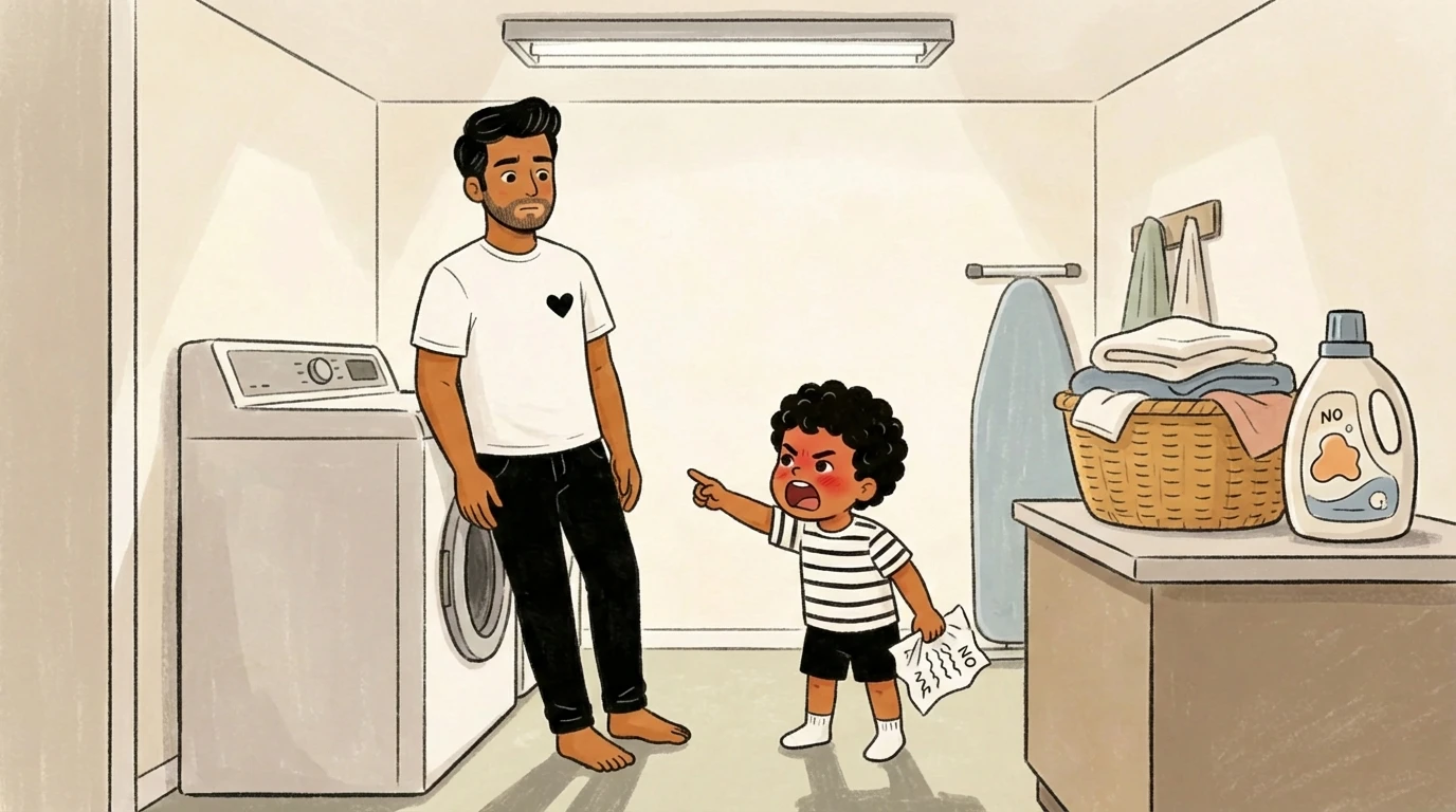 Child pointing defiantly at a parent in a laundry room holding a paper reading No while parent stands calmly