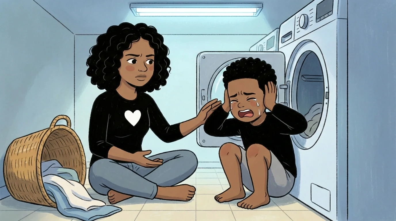 A sensitive child sits on a laundry room floor crying with hands over ears as a parent gently reaches over
