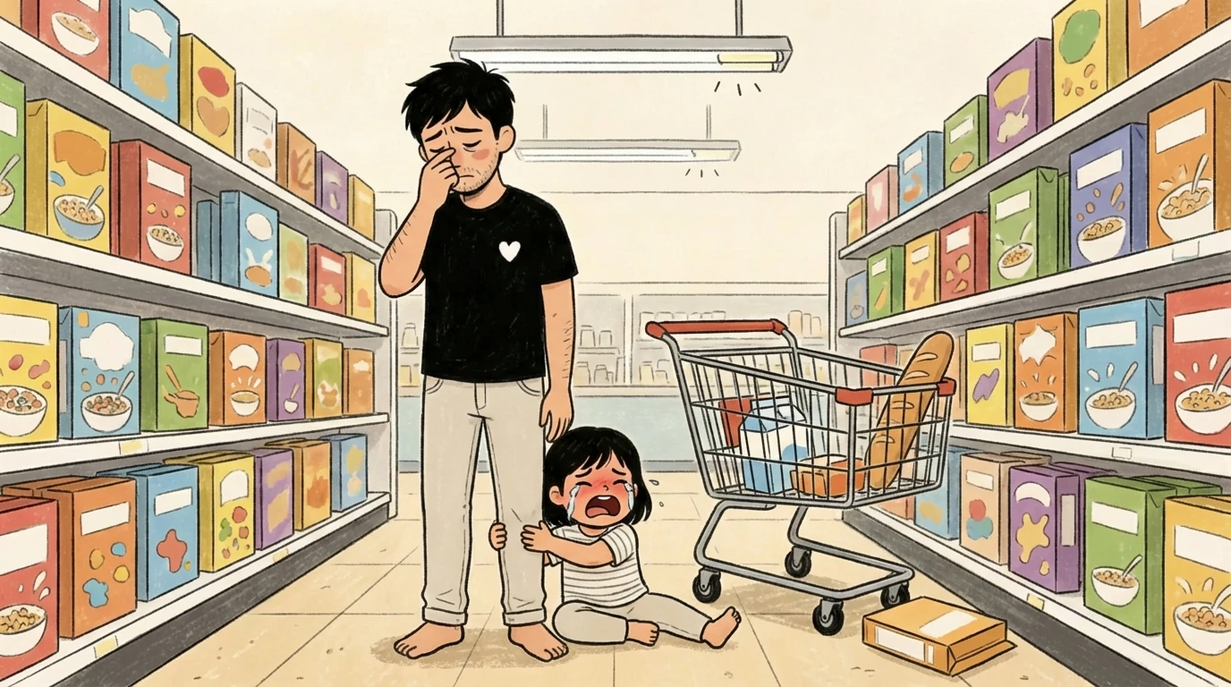 A toddler in the middle of a meltdown on a store aisle floor while a parent stands nearby covering his face