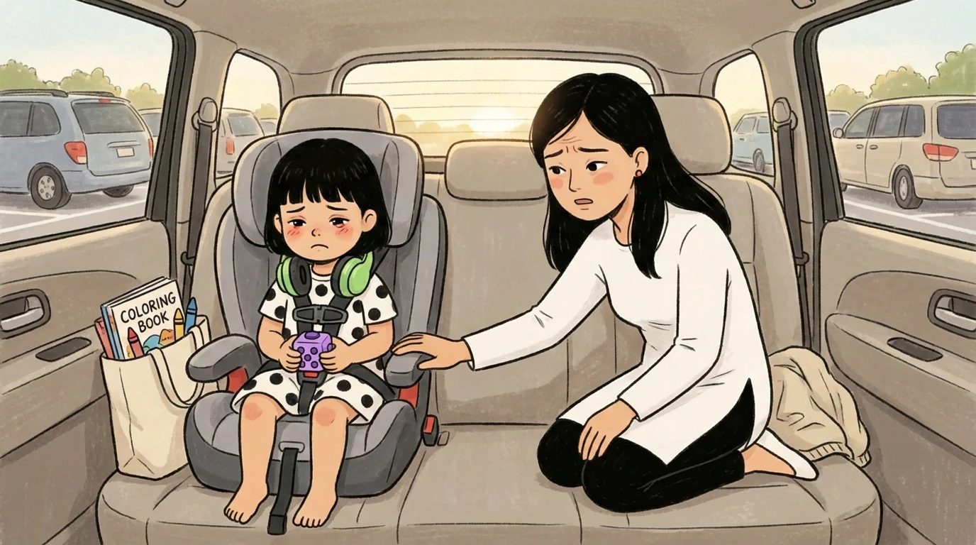 Parent leaning into the back of a car to comfort a child in a car seat who is holding a bunch of grapes