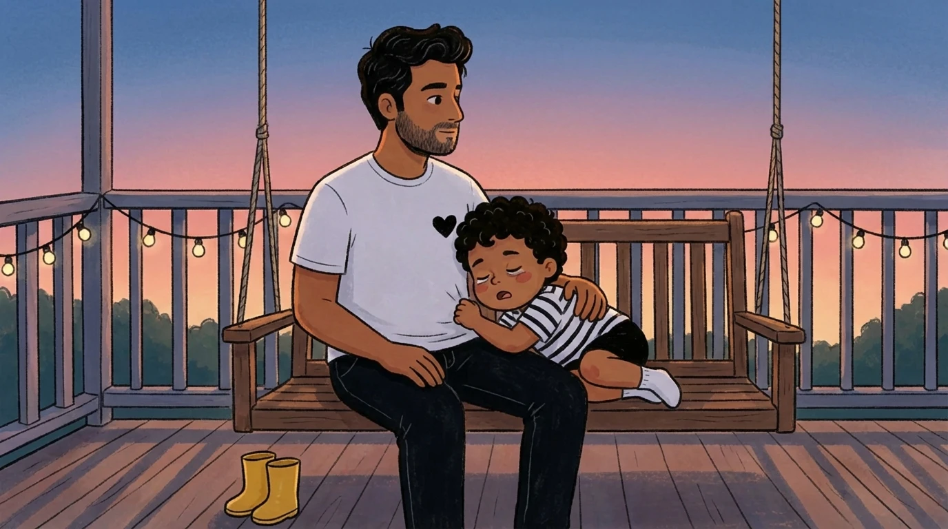 A child leans drowsily against a parent on a porch swing at dusk with string lights and rain boots on the floor