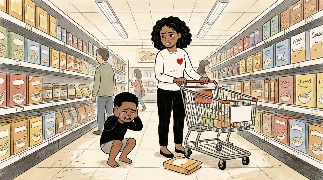 Mother with shopping cart watches child crouched on grocery store floor during sensory overload