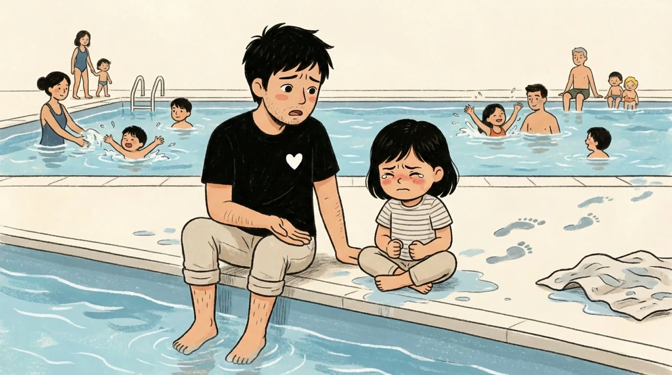 Parent sitting with child at pool edge away from noisy water and crowds to reduce overstimulation