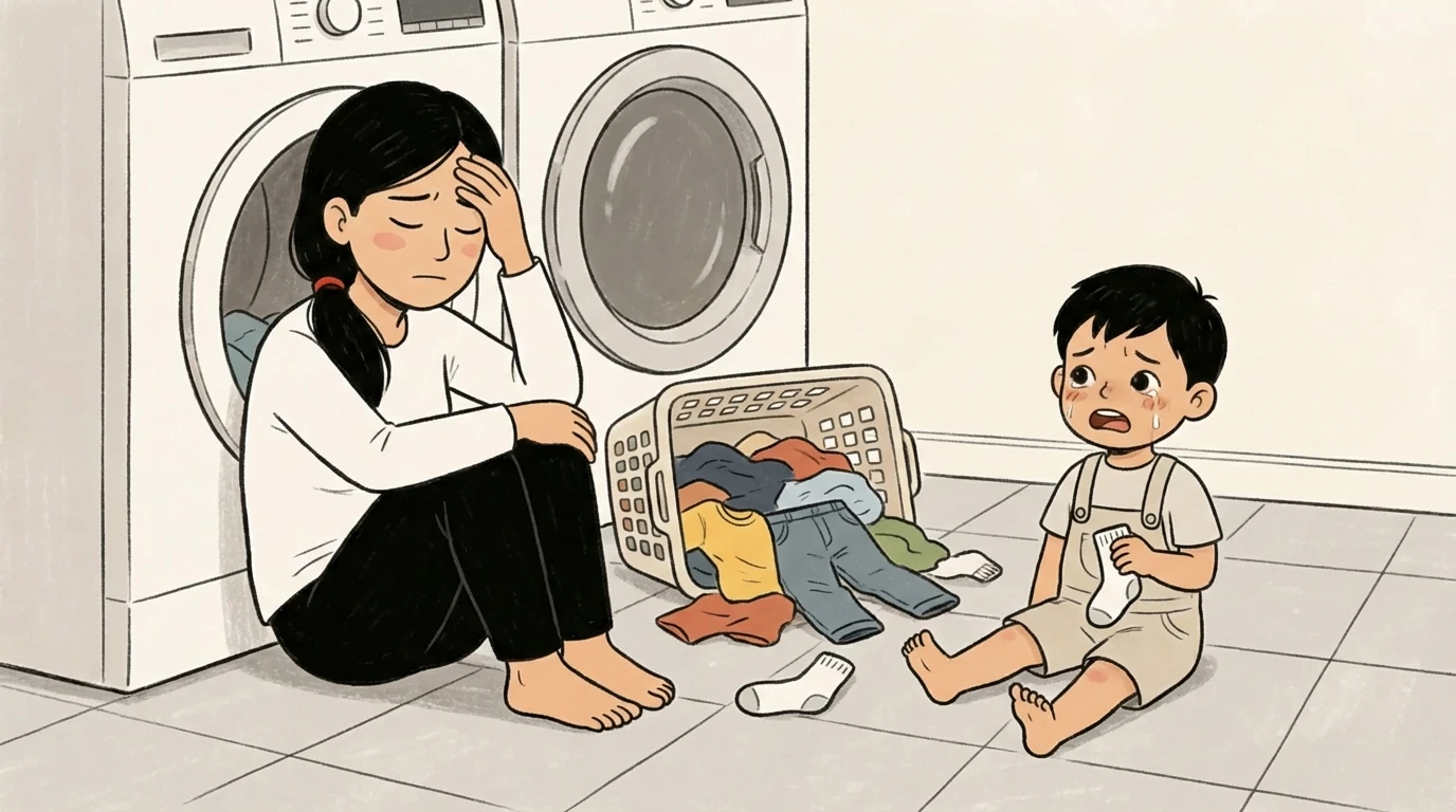 Mother sitting on laundry room floor with head in hand while toddler cries beside spilled basket