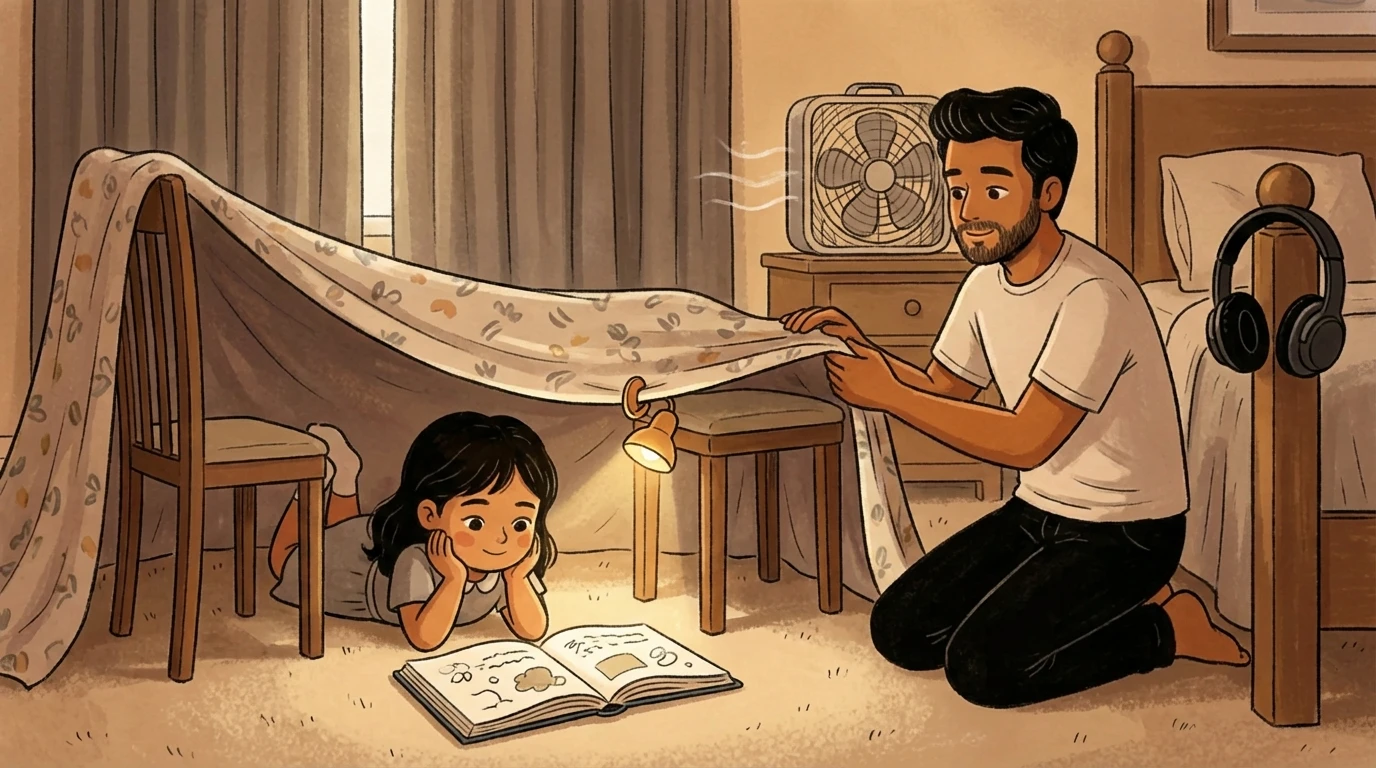 Father kneeling beside blanket fort with dim lamp and headphones as child reads inside quiet space