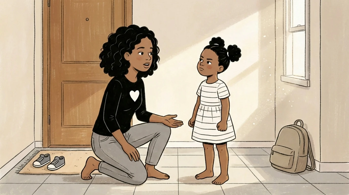 Mother kneeling at door to talk with a persistent toddler child who stands firm