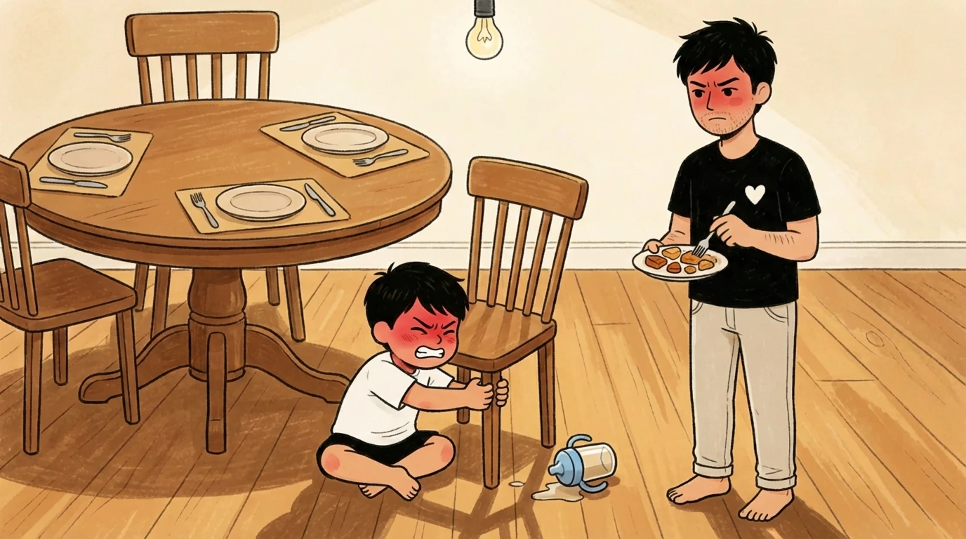 Father holding a plate while a strong-willed toddler sits on the floor refusing to come to the table