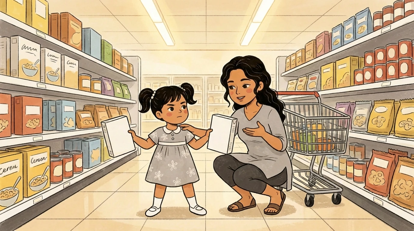 Mother crouching in grocery aisle as child holds a product box, giving a persistent child a choice