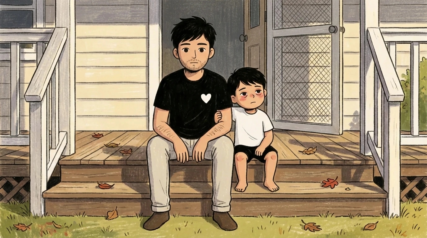 Father and young toddler sitting side by side on porch steps, connection with an intense child