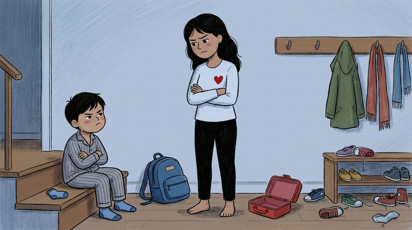 Mother and child stand apart in a hallway with arms crossed, stuck in a negative pattern