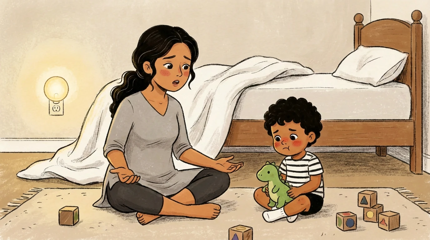 Mother sits on the floor and gently reaches toward her toddler to break the tension between them