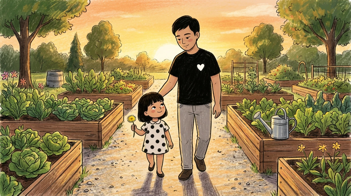 Father and daughter walk hand-in-hand through a garden at sunset, leaving a negative cycle behind