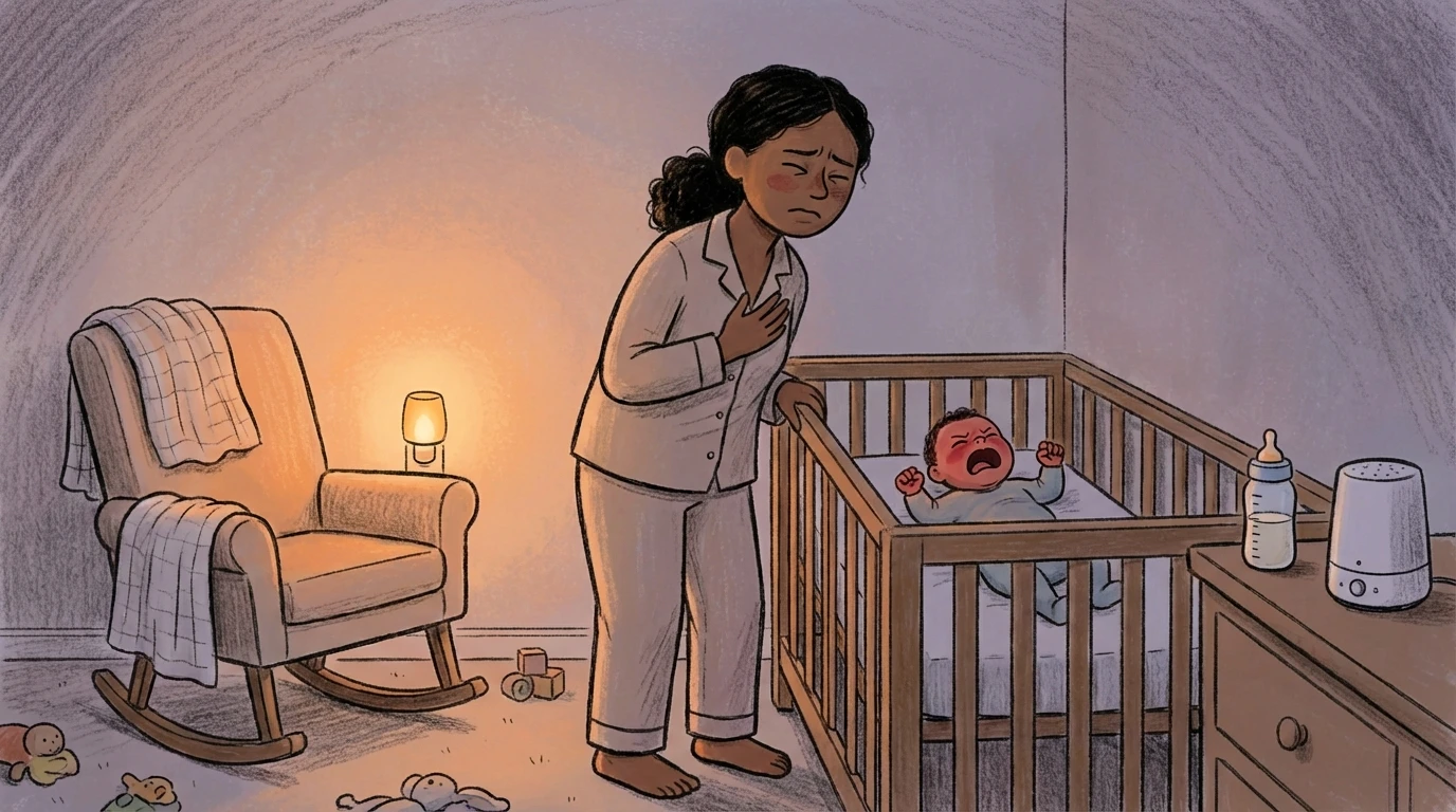 Mother standing over crib with hand on chest as baby cries alone in dimly lit nursery at night