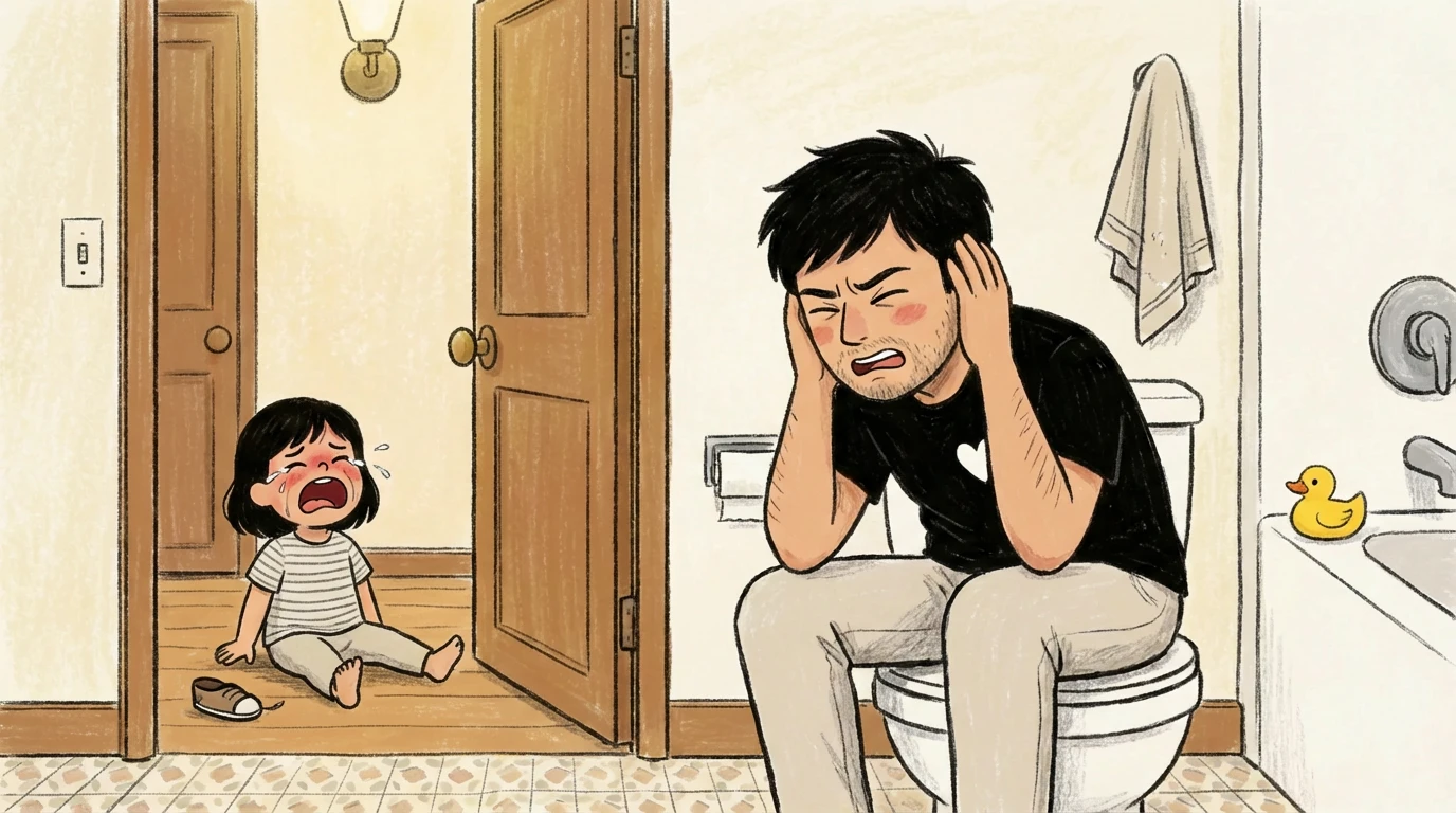 Father sitting on toilet with head in hands while toddler cries outside the bathroom door