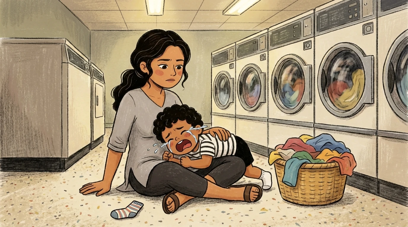 Mother sitting on laundromat floor holding crying toddler beside a basket of laundry
