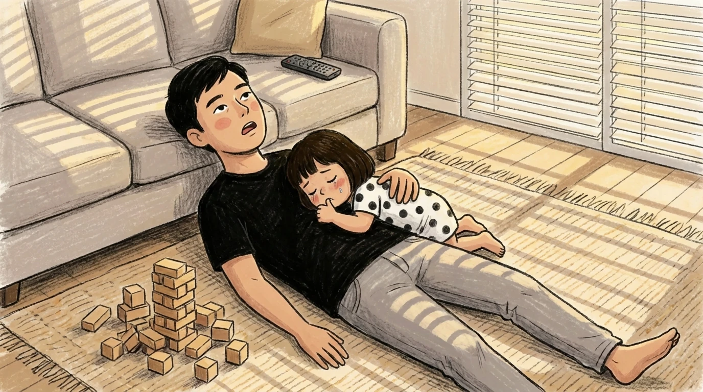 Father leaning against sofa on floor as young child rests on his chest after a meltdown