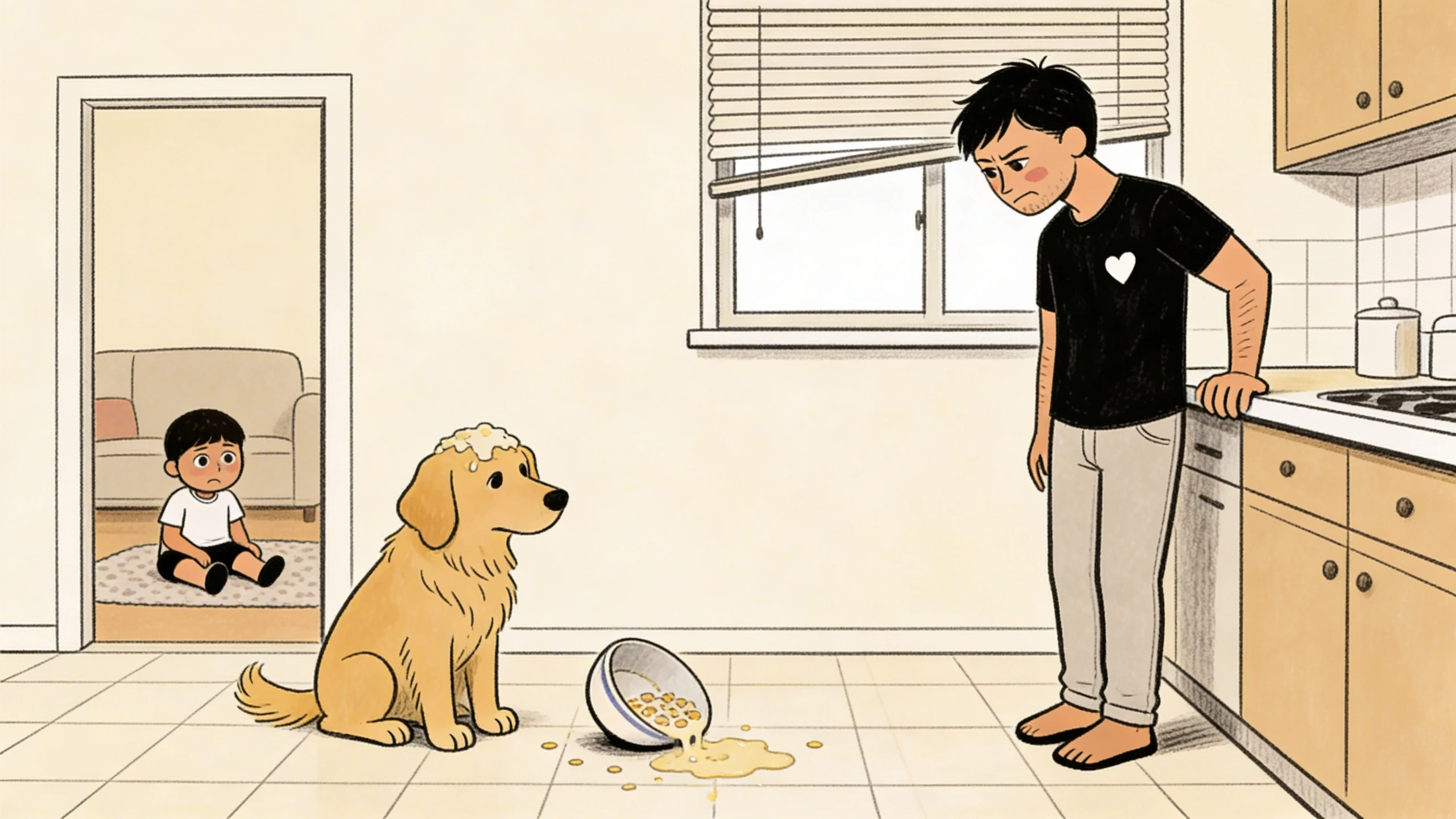 Father stands in kitchen looking down at a dog beside a spilled cereal bowl