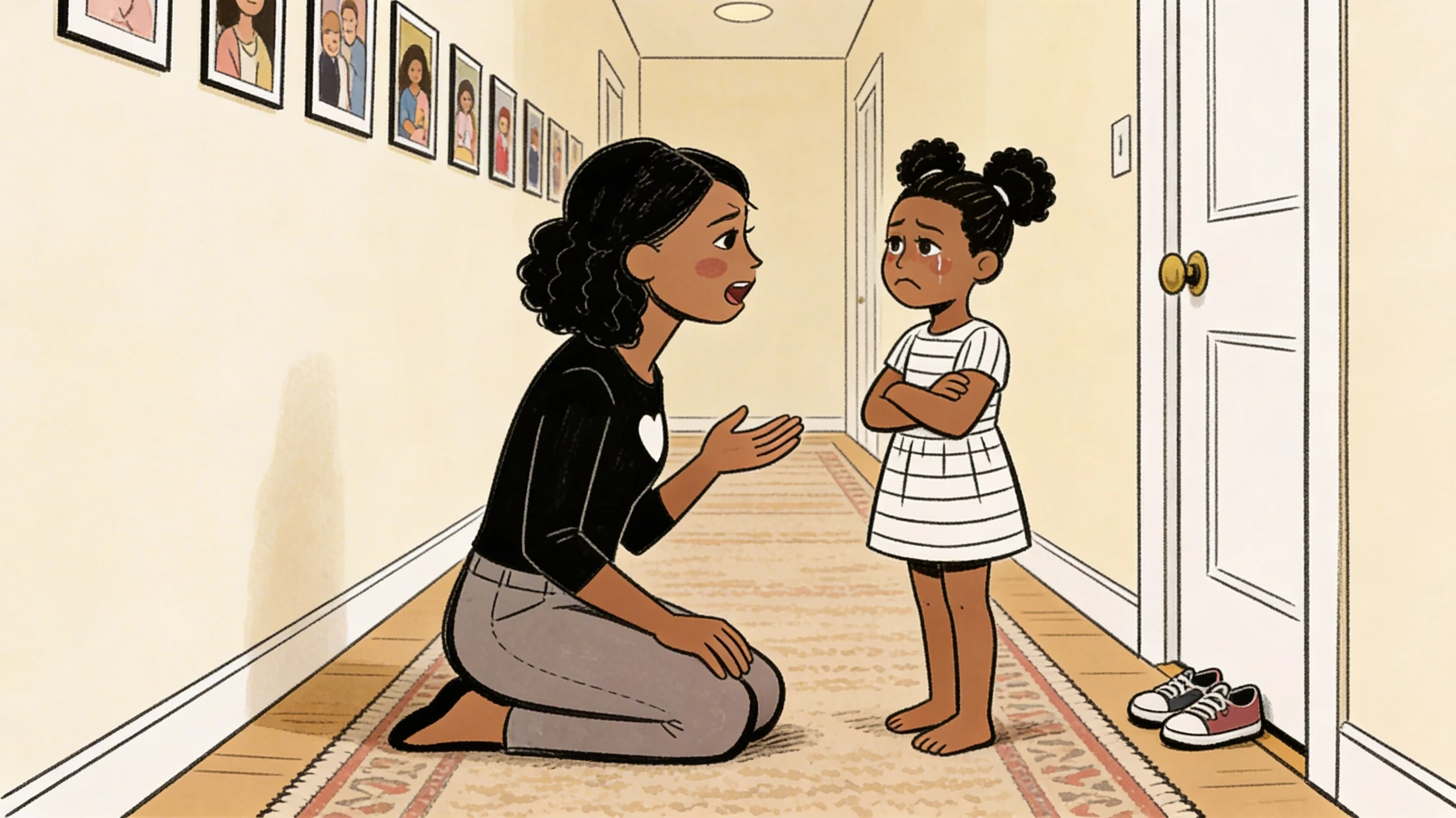 Mother kneels on hallway floor to apologize to her young child standing with arms crossed