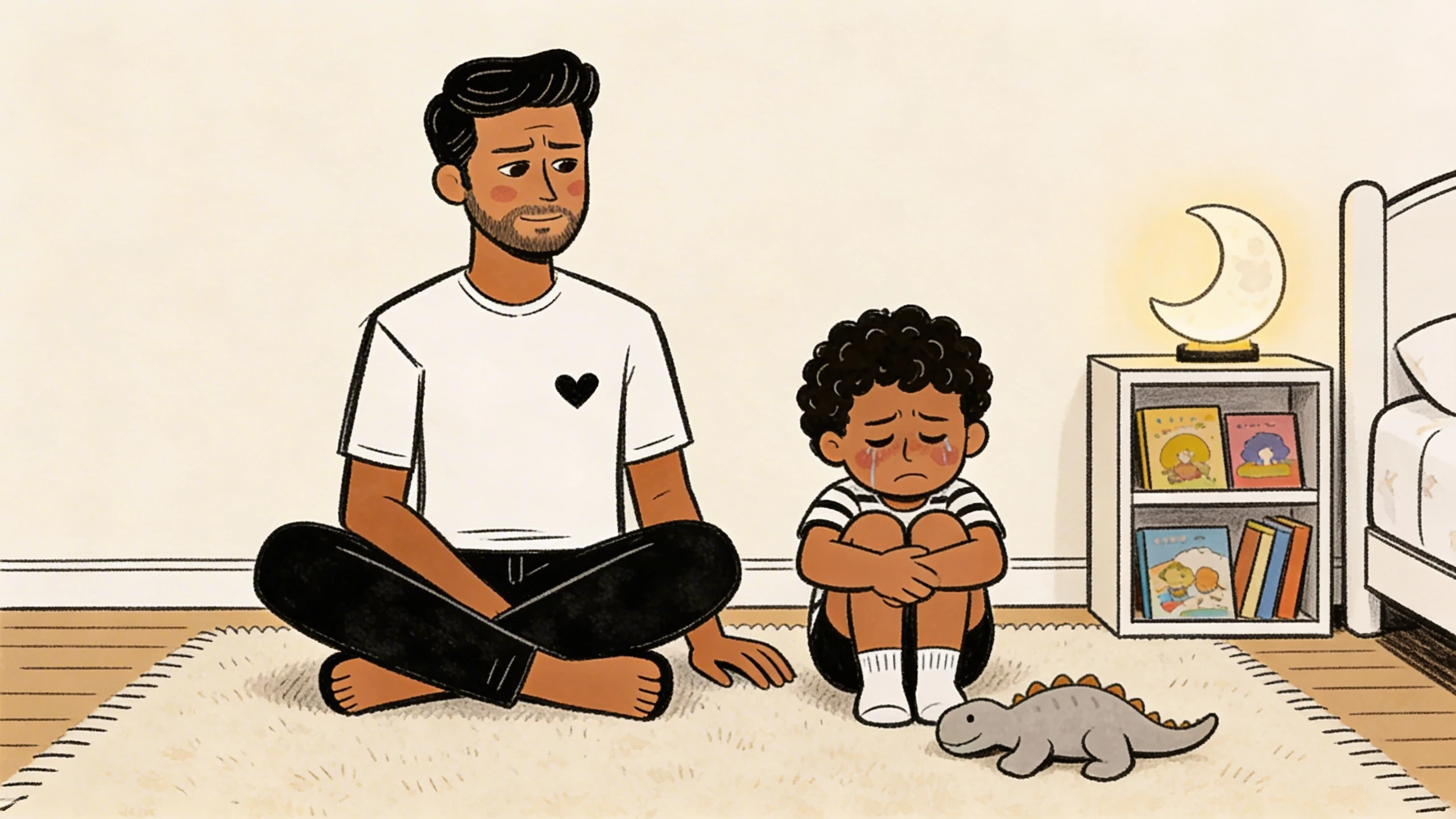 Father sits cross-legged on a rug beside his child to begin repair after a difficult moment