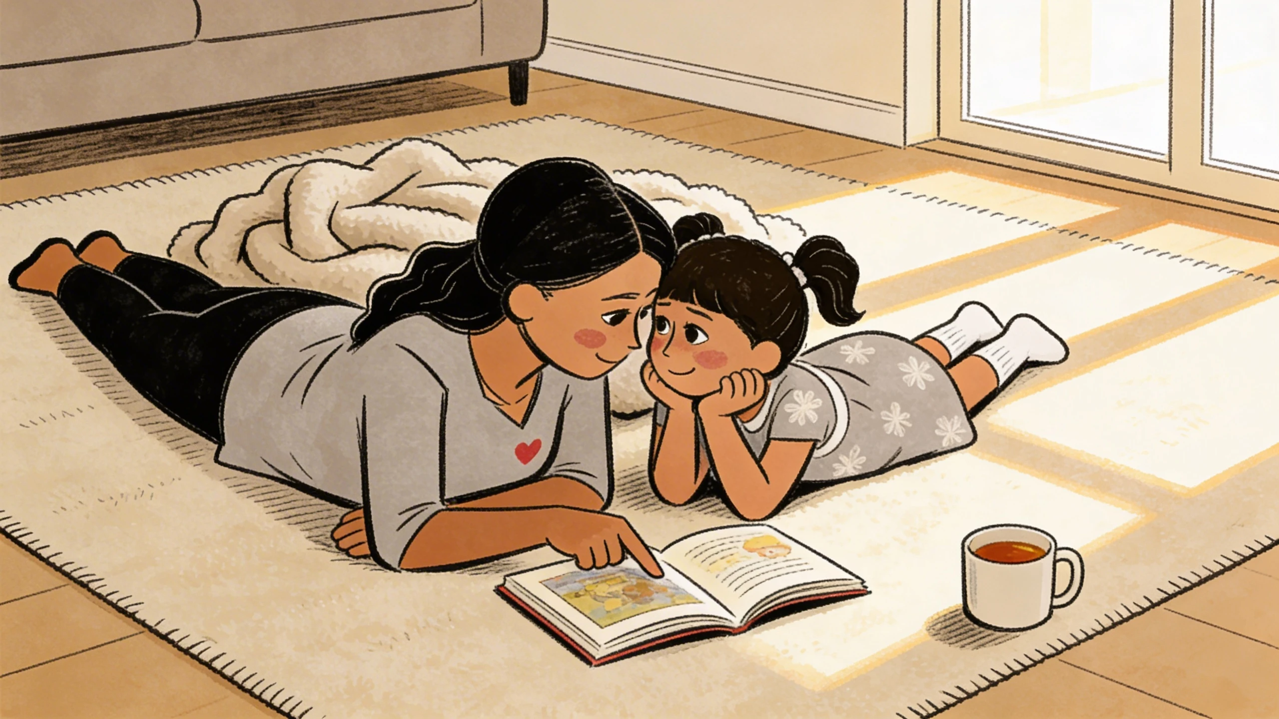Mother and daughter lie on the floor reading a book together in sunlight