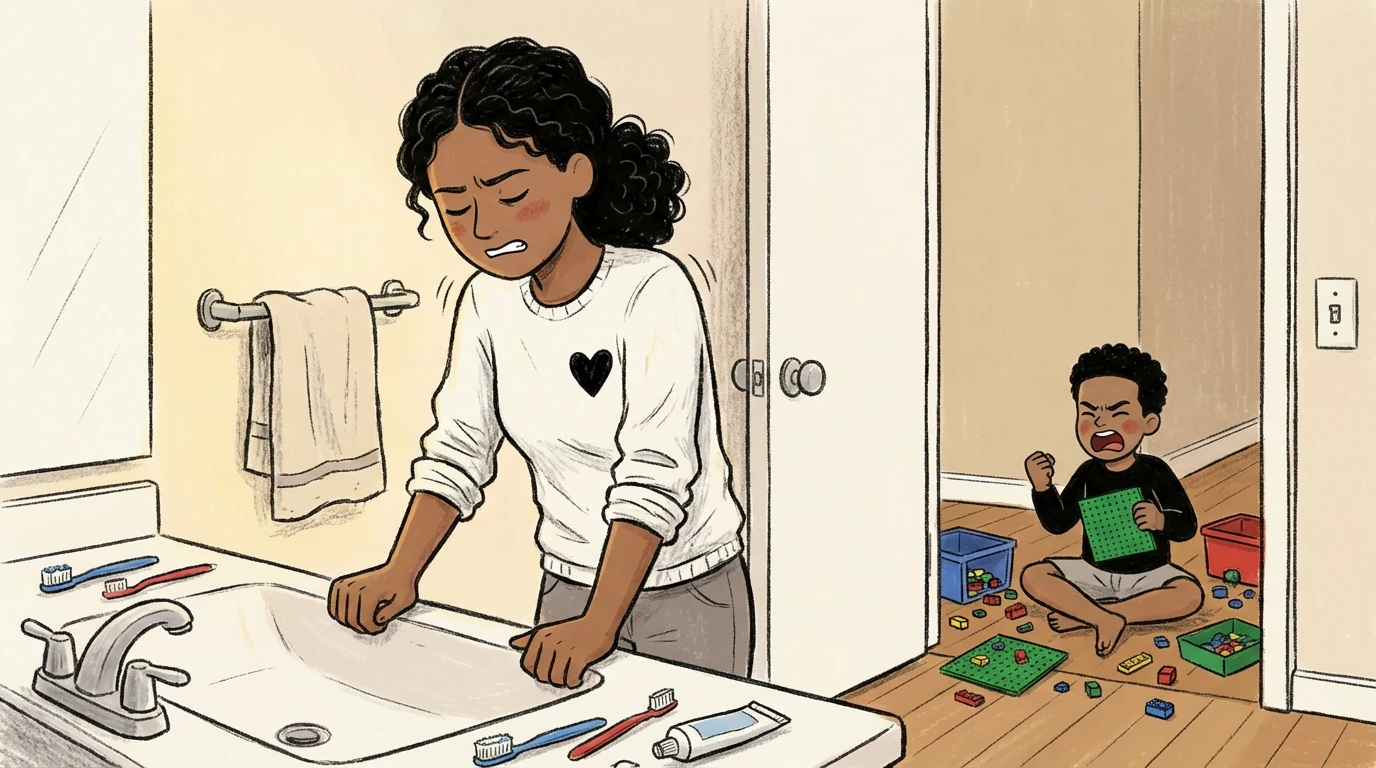 Mother gripping bathroom sink trying to stay calm as her toddler cries on the floor behind her