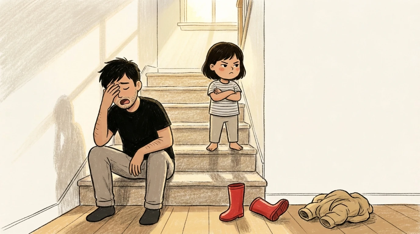 Father sitting on stairs with hand over face while a small child stands with arms crossed above him