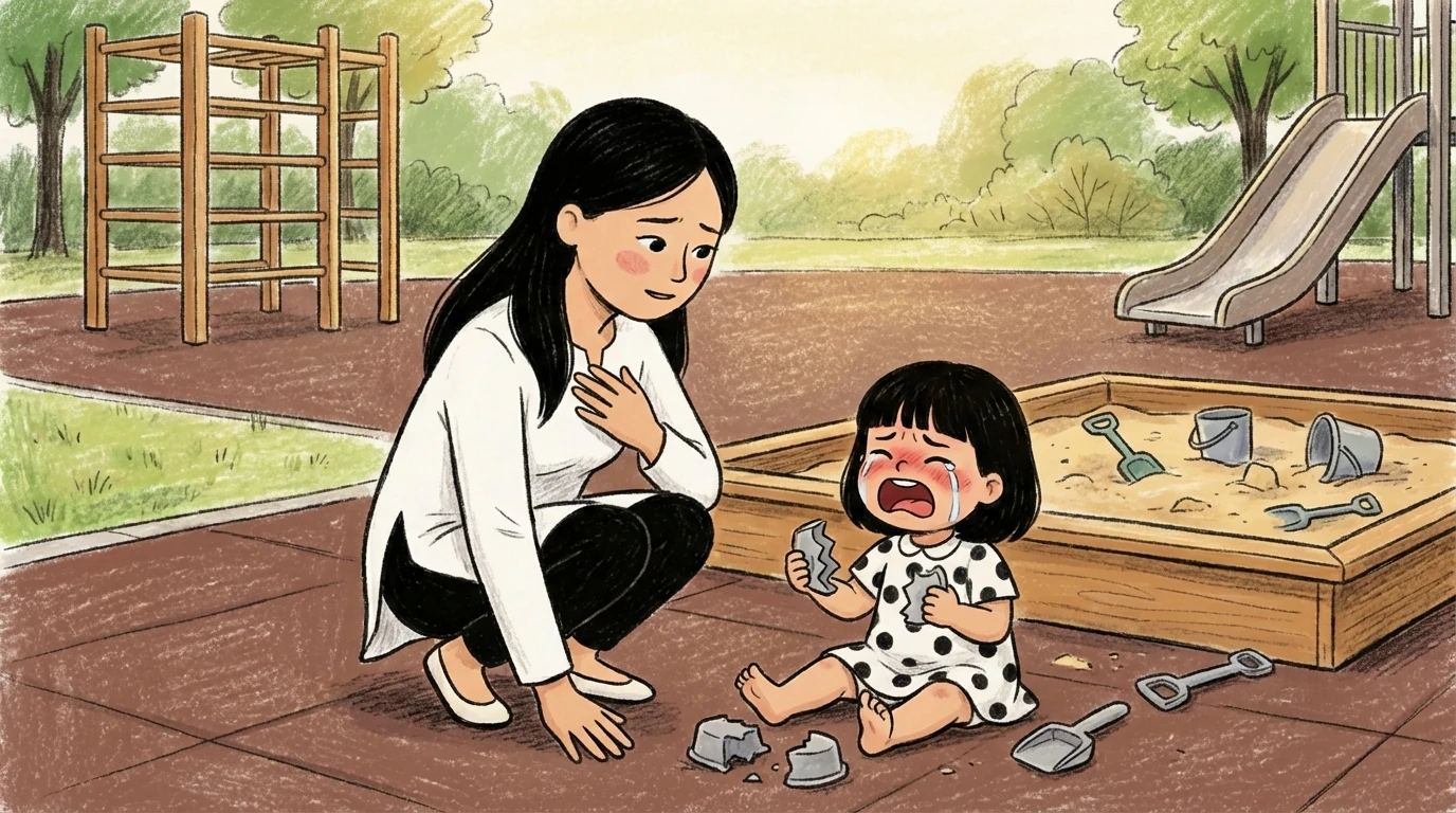 Mother kneeling at a playground sandbox beside a crying toddler who pushes away sand toys