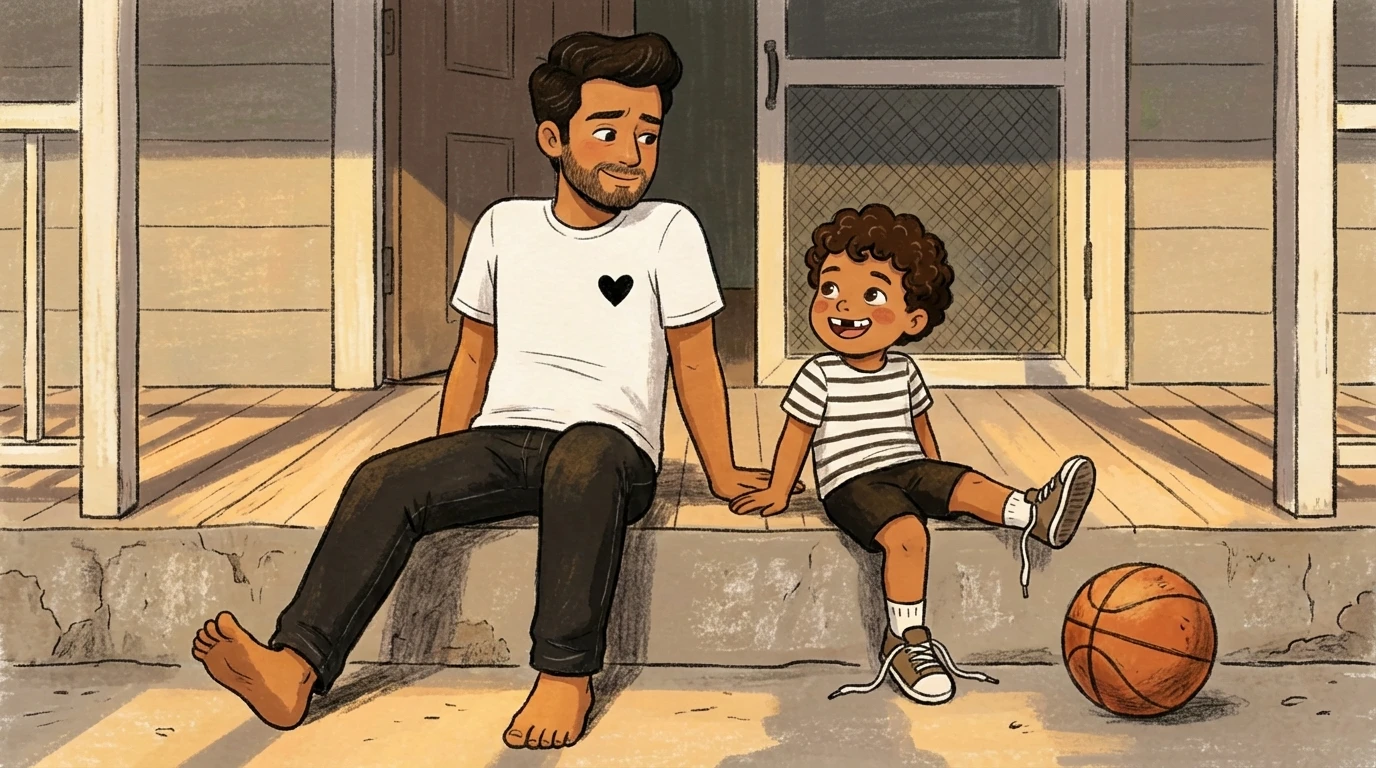 Father and young son sitting calm together on porch steps holding hands, basketball nearby