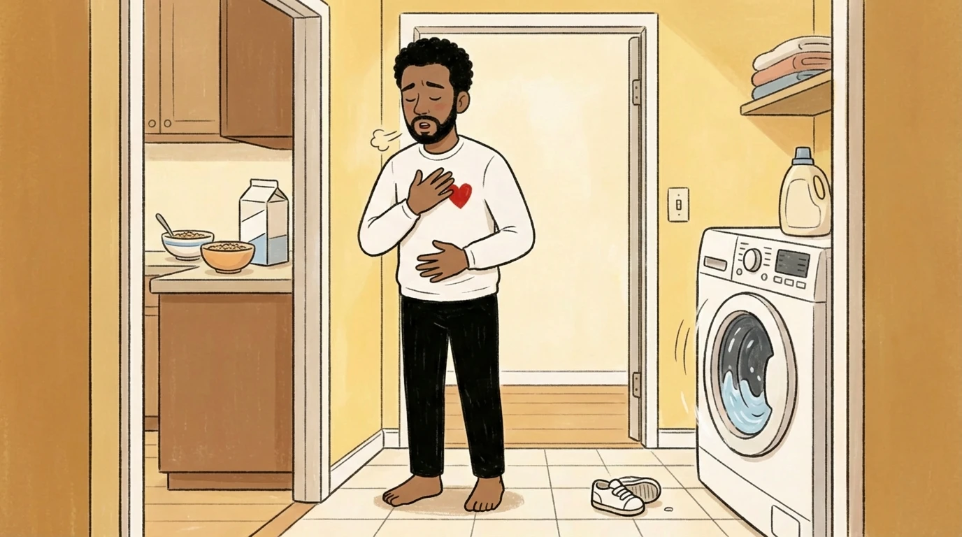 Parent pausing in a hallway