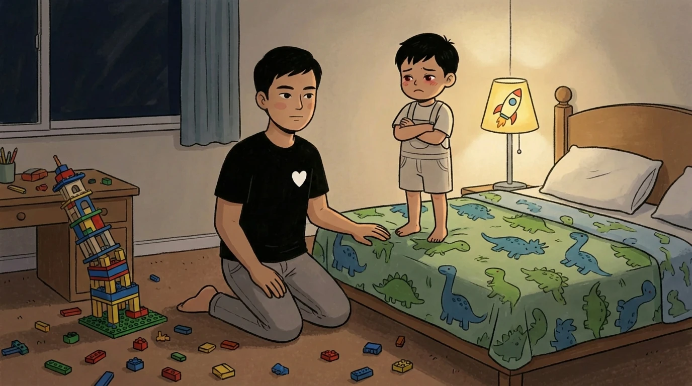 Parent kneeling calmly on a child's bedroom floor while a child stands on the bed with arms crossed