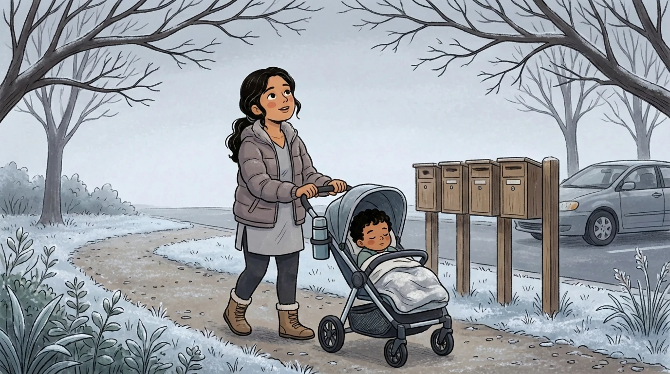 Parent pushing a stroller along a frosty bare-tree path