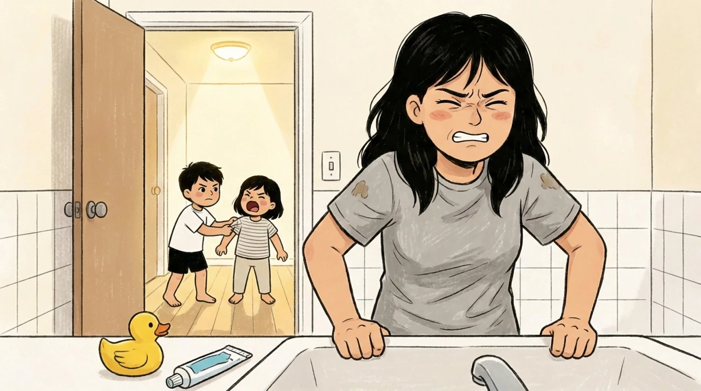 Overstimulated mother gripping bathroom sink as two children fight loudly in the doorway behind her