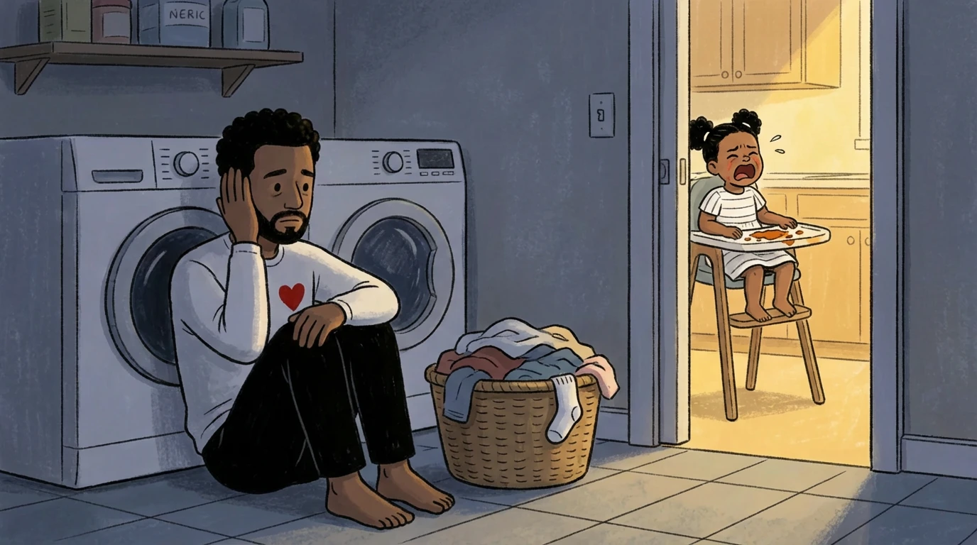 Father sitting on laundry room floor hand pressed to cheek as a toddler wails in a high chair through an open door