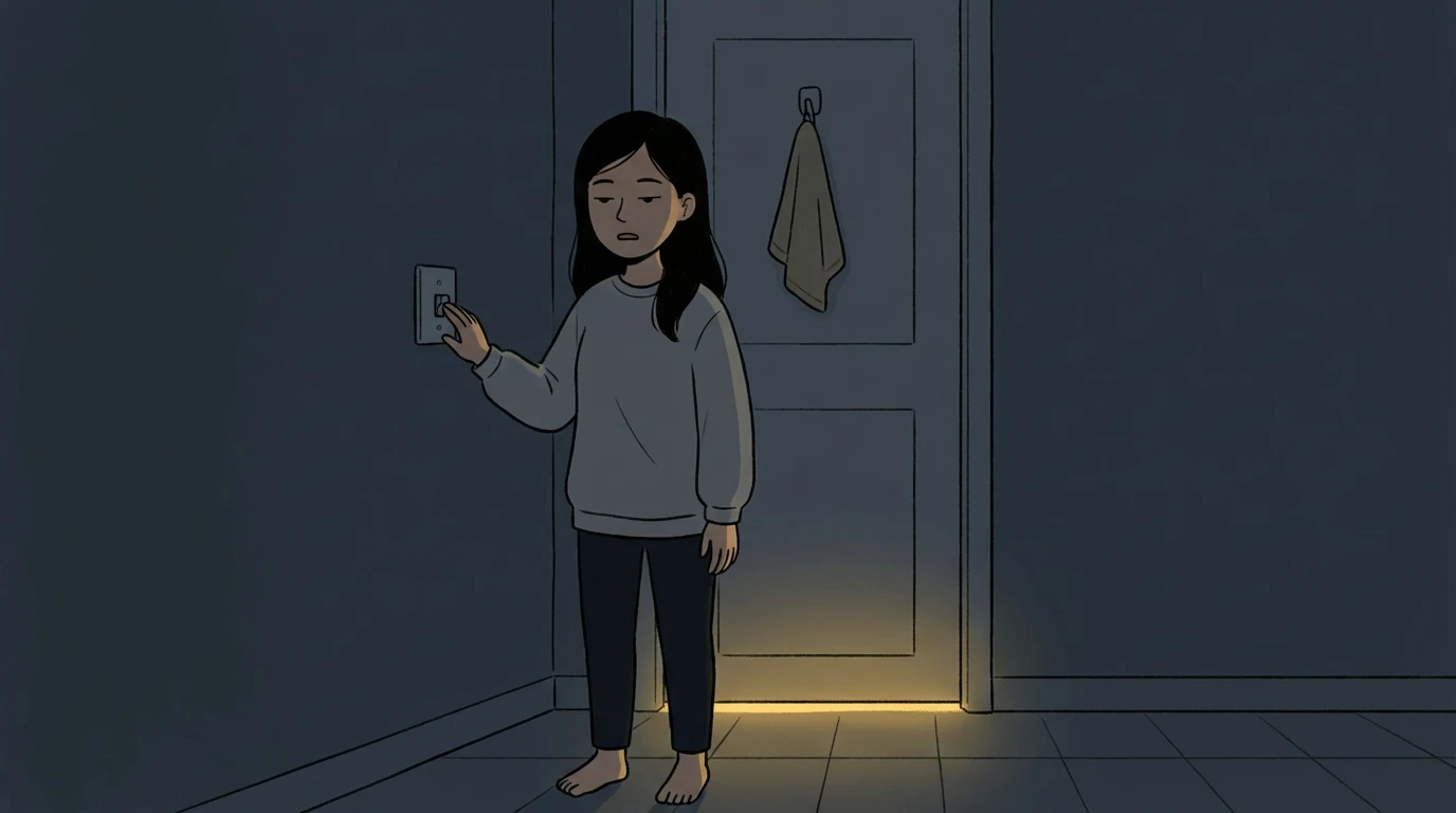 Woman pressing a light switch off in a dark hallway stepping away from the chaos of the day