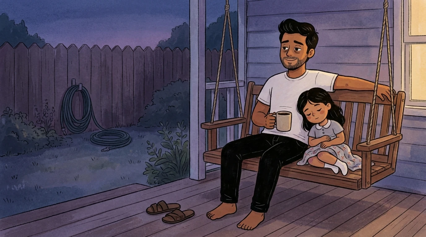 Father and young child on a porch swing at dusk, the constant demands of the day giving way to quiet