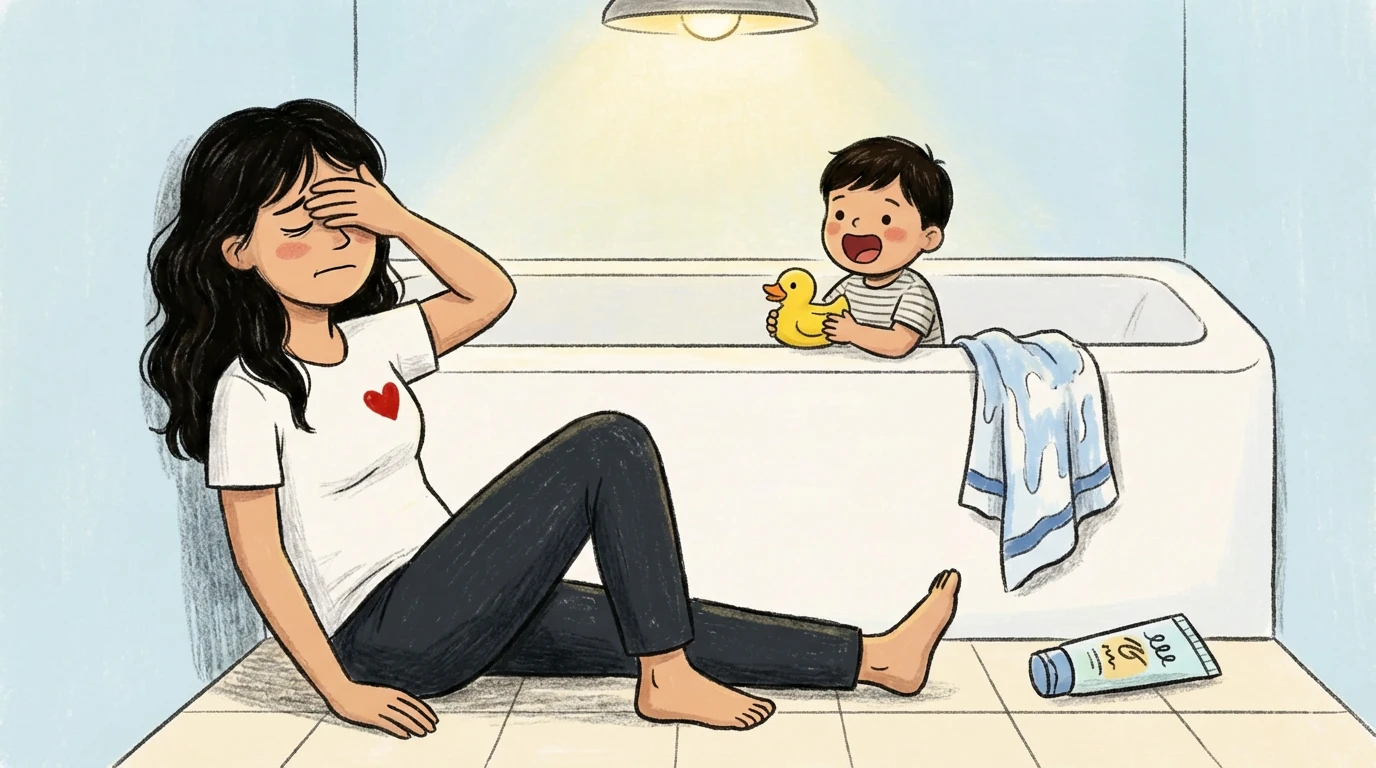 Mother sits on bathroom floor hand to forehead, worn down by parental burnout, as toddler plays in tub with rubber duck.