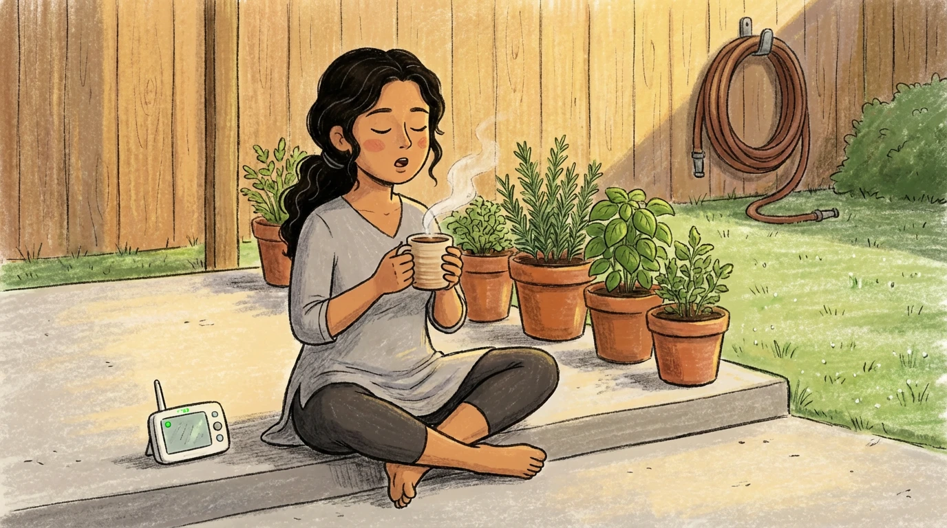 Woman sits cross-legged on back step, eyes closed, cradling a warm mug as she begins to recover, potted herbs nearby.