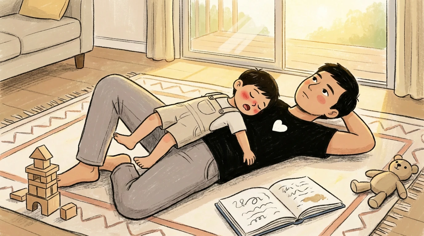Parent and child lie on a sunlit rug, the child resting on the parent's chest, wooden blocks and an open book nearby.
