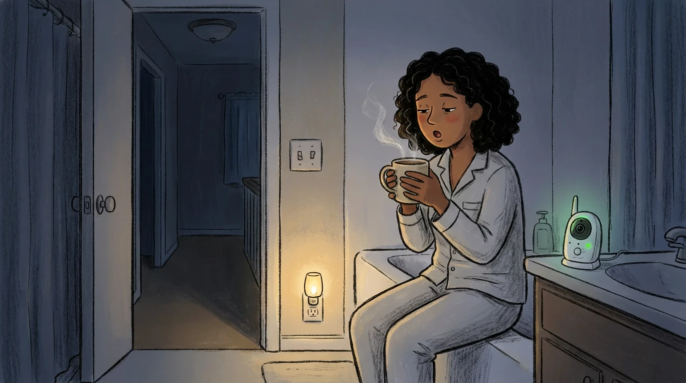 Exhausted parent in pajamas sits on bathroom counter at night with a steaming mug, baby monitor glowing nearby