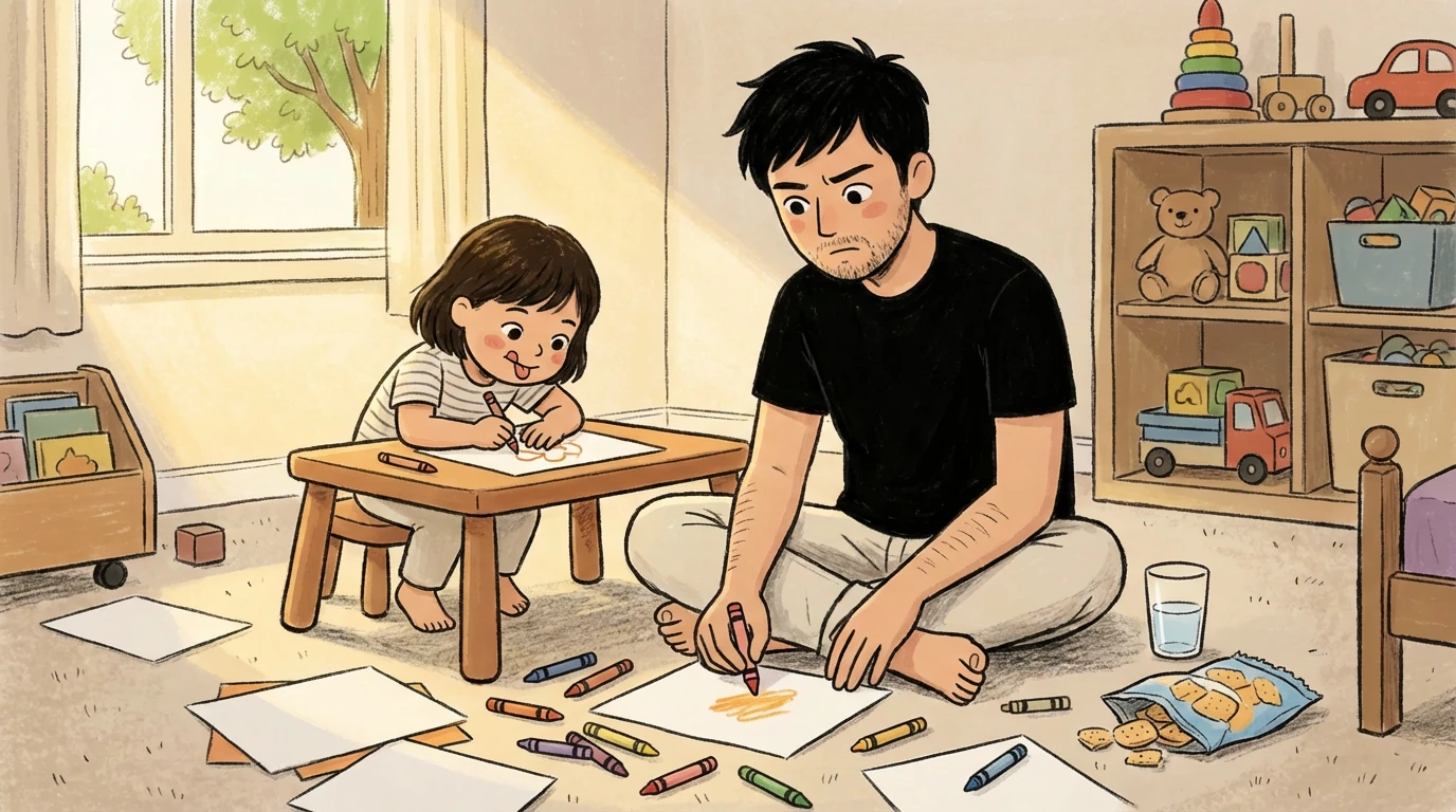 Parent sits cross-legged on a playroom floor drawing with crayons while a child works at a small table nearby