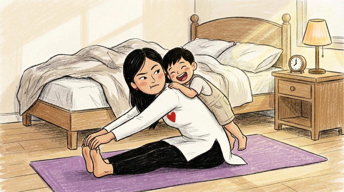Parent stretching on a yoga mat on the bedroom floor while a toddler climbs on their back - self care that works mid-day