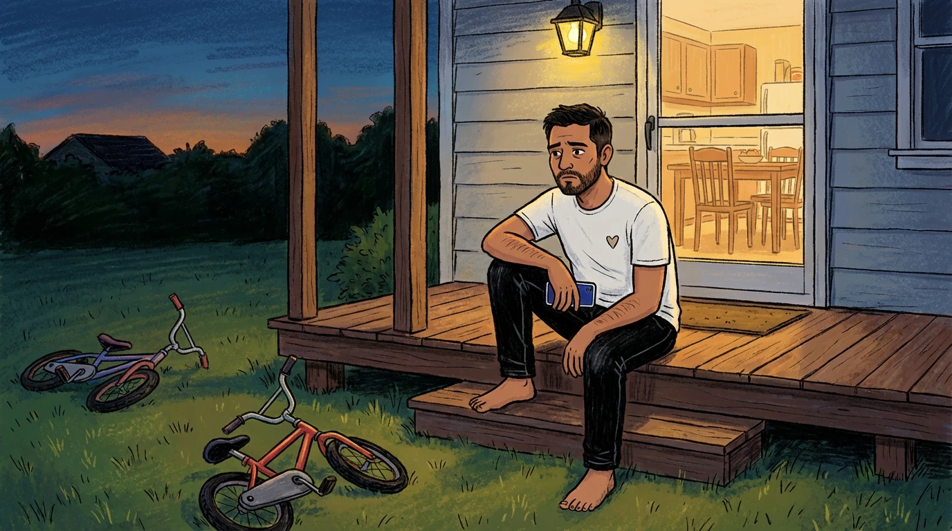 Parent sits alone on porch steps at dusk with a child's bicycle in the yard, taking a quiet moment of self care