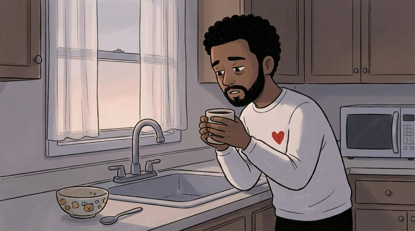 Father in heart-print shirt holds a mug at the kitchen sink, child's cereal bowl beside him, lost in self-doubt