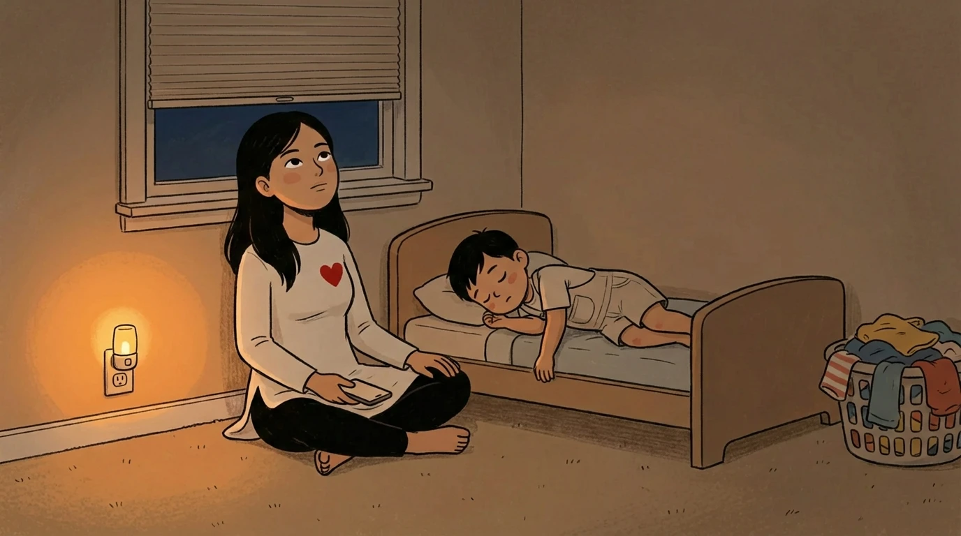 Mother practicing self-compassion, sitting cross-legged on bedroom floor by night light while her child sleeps