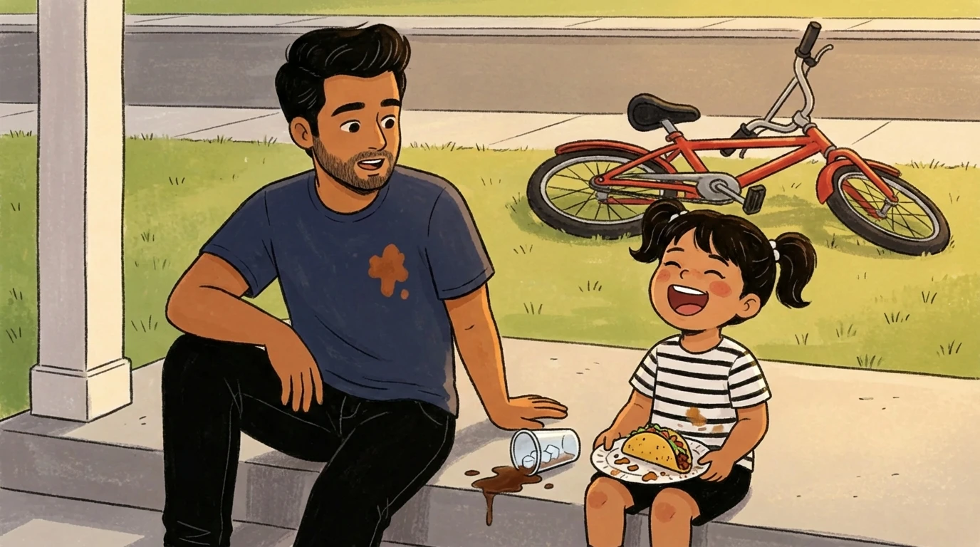 Father with a food-stained shirt shares a snack on porch steps with a laughing child, red bike in the background