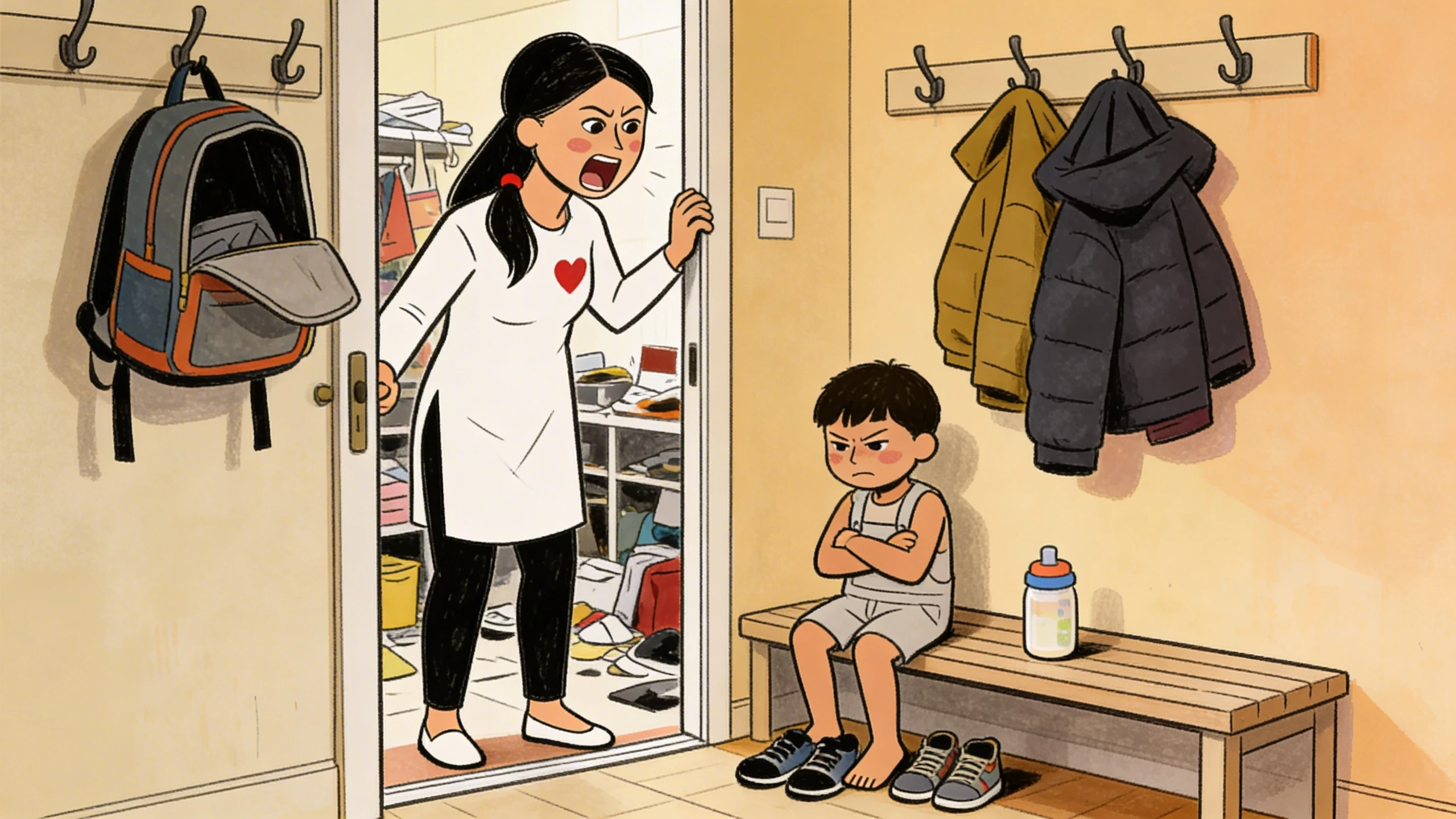 Mother yelling through a doorway at a child sitting arms-crossed on a bench, small shoes on the floor