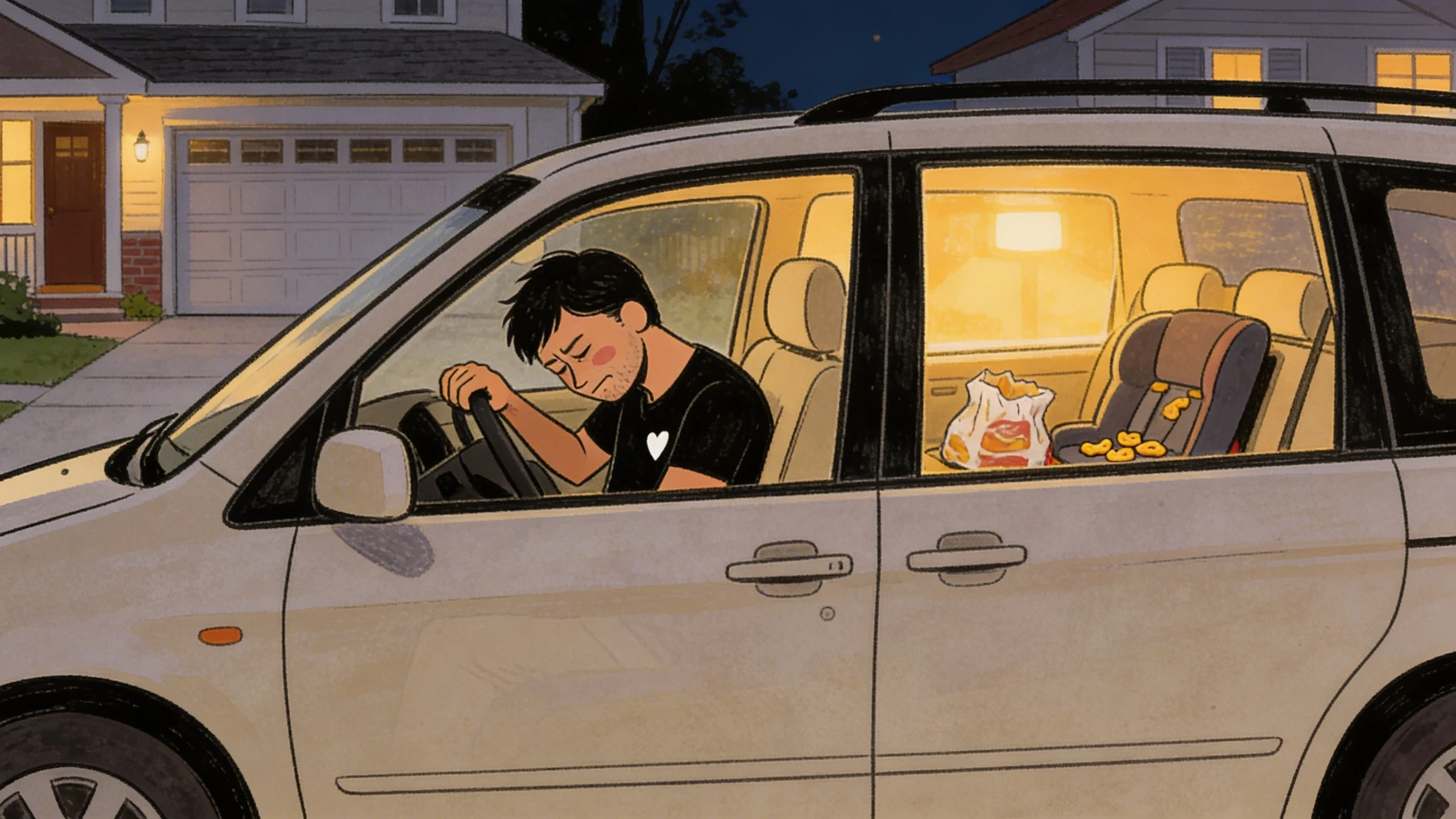 Parent alone in a parked minivan at night, head bowed — a calm-down step in the 10-point plan