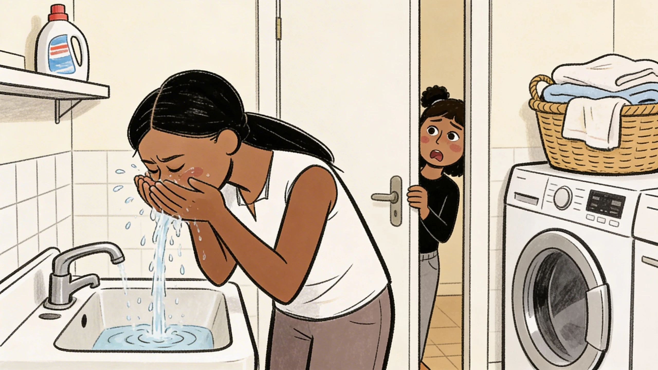 Parent splashing cold water on her face at a laundry room sink while a child peeks through the door