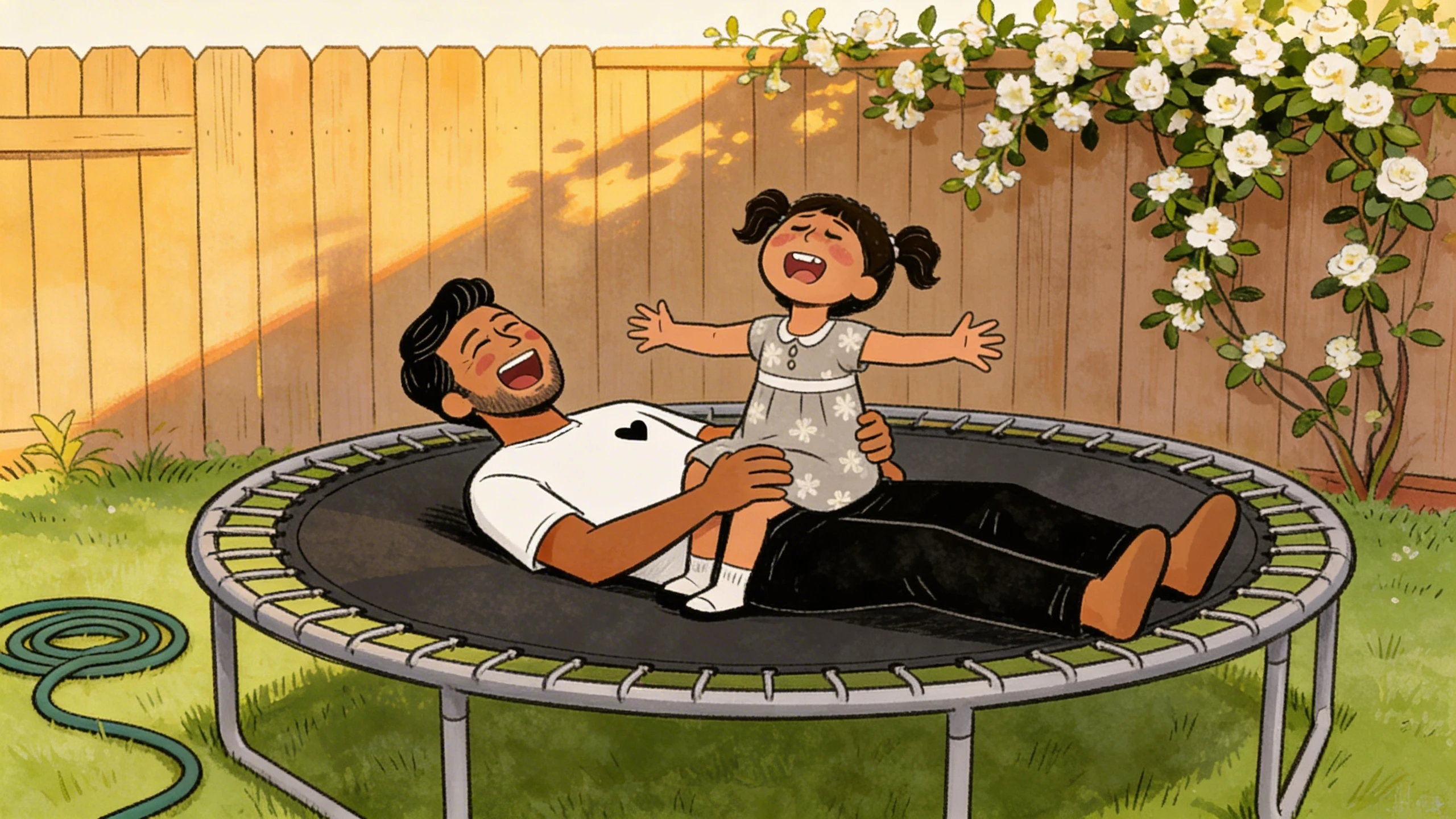 Father and daughter laughing on a backyard trampoline — a turning point after choosing to stop yelling